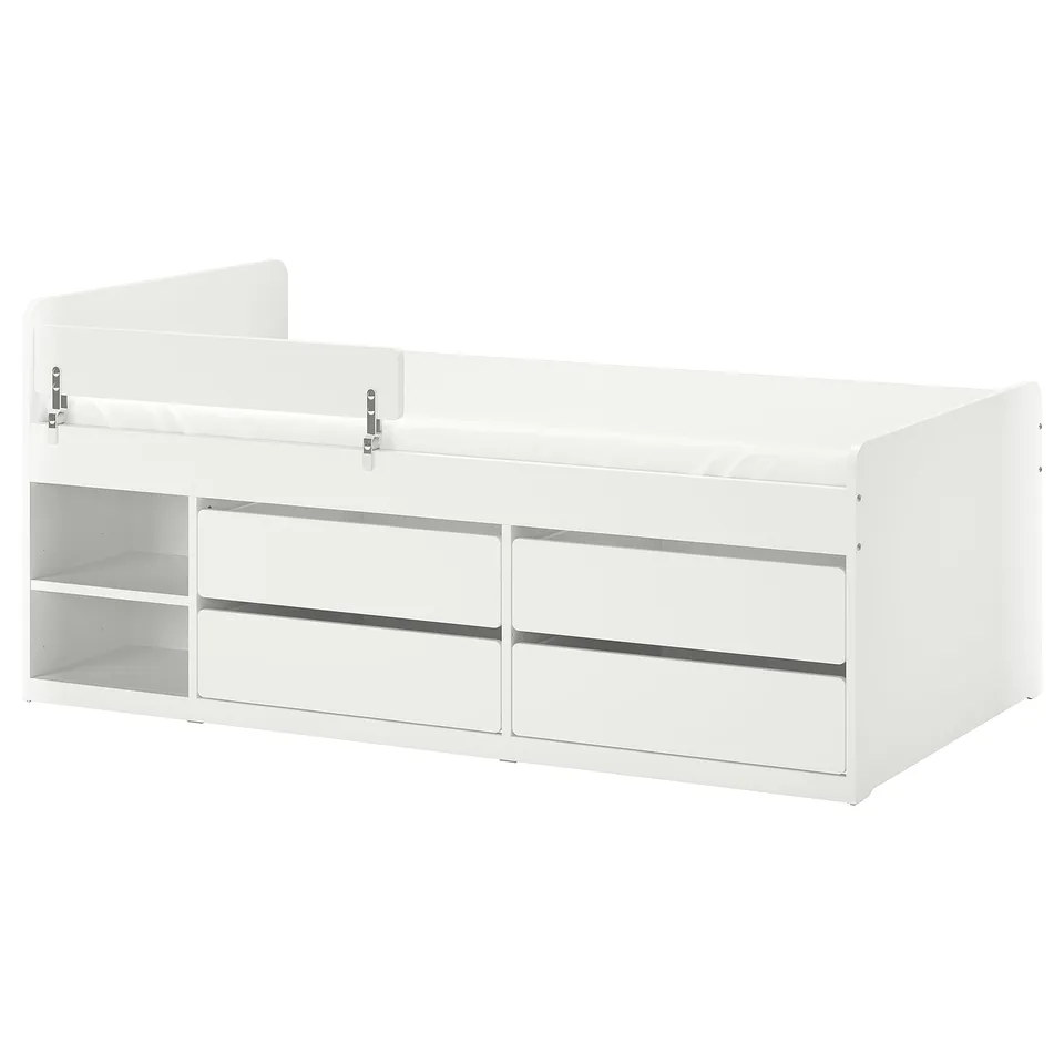 White SLÄKT bed with built-in storage and modern design.