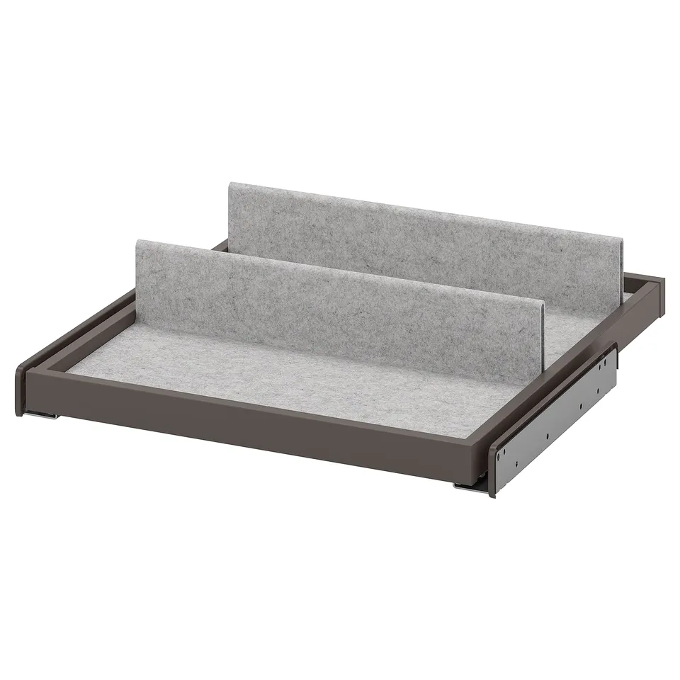 KOMPLEMENT pull-out tray, grey felt, dark frame, rectangular, minimalist.