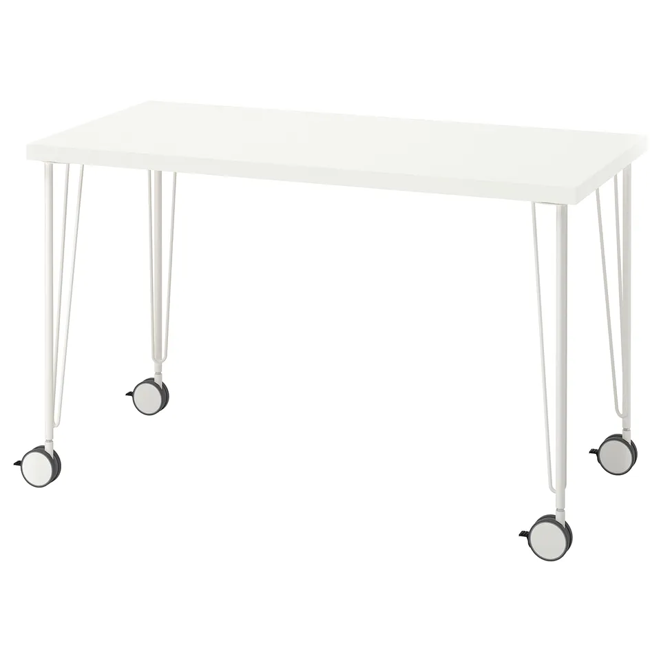 A white LAGKAPTEN desk with hairpin legs and wheels, designed for easy mobility.