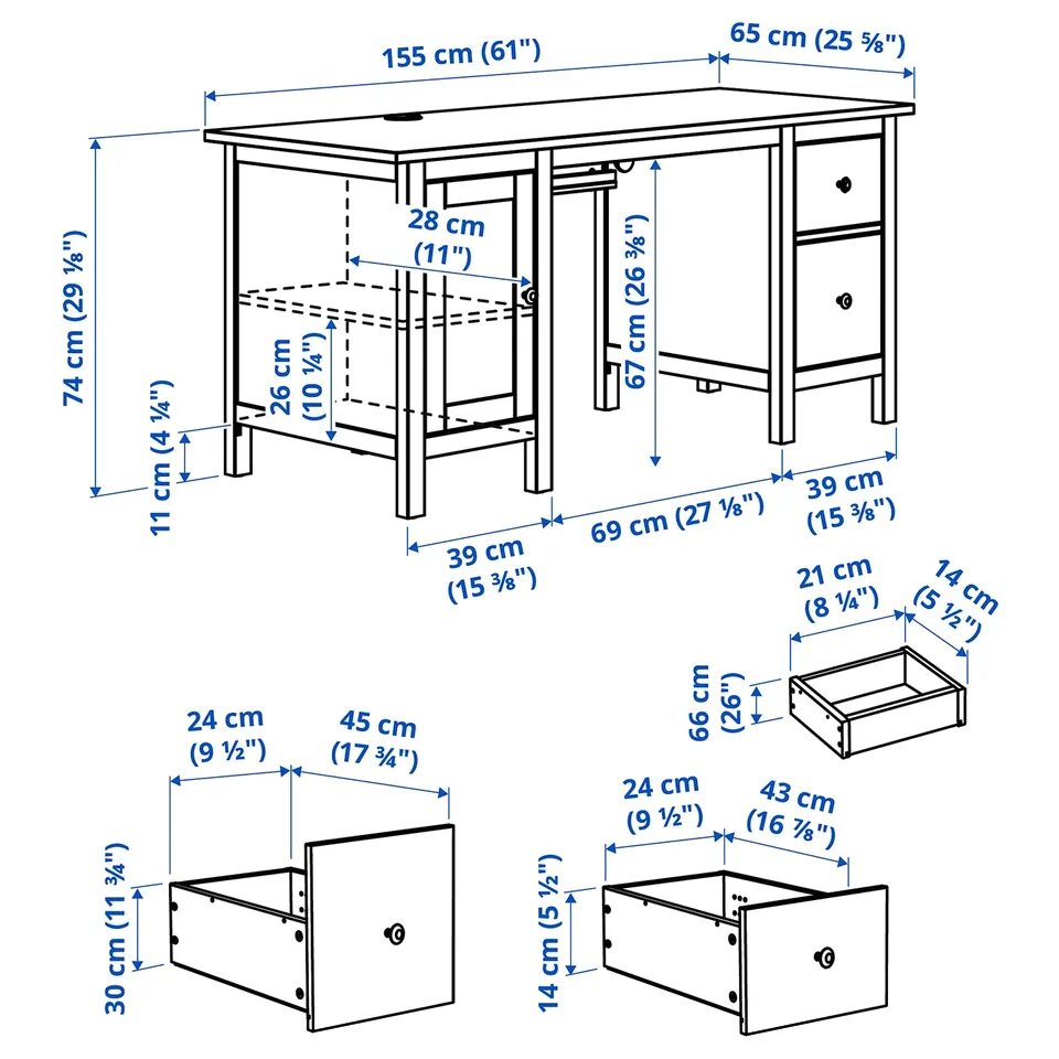 Illustration with measurements for the product: HEMNES.