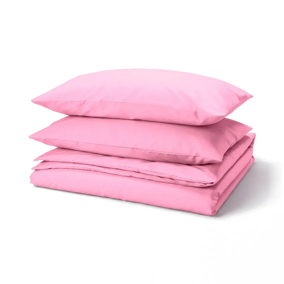 Pink recycled polyester bed linens, duvet, pillows, smooth.