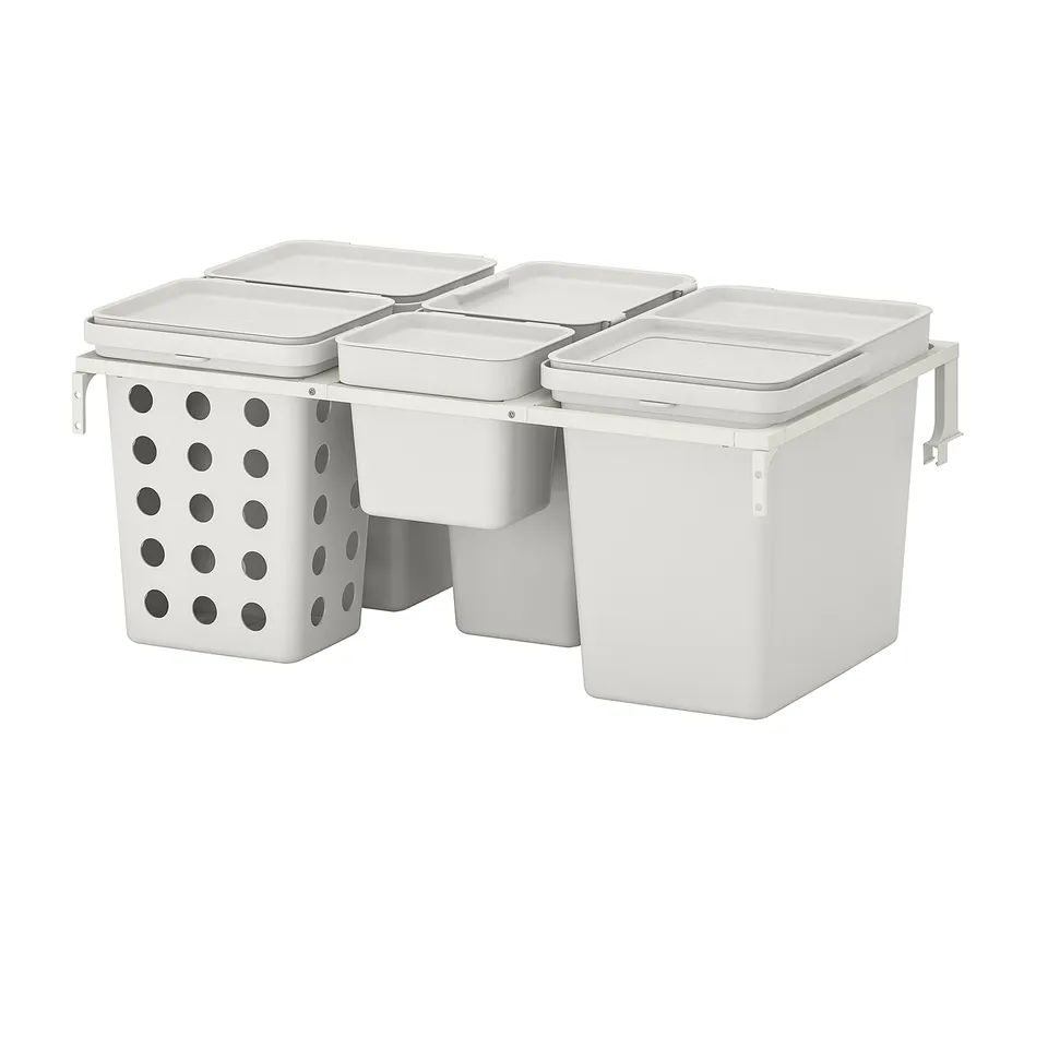 HÅLLBAR waste sorting bins, white, plastic, rectangular, lidded, spaced-out for easy access.