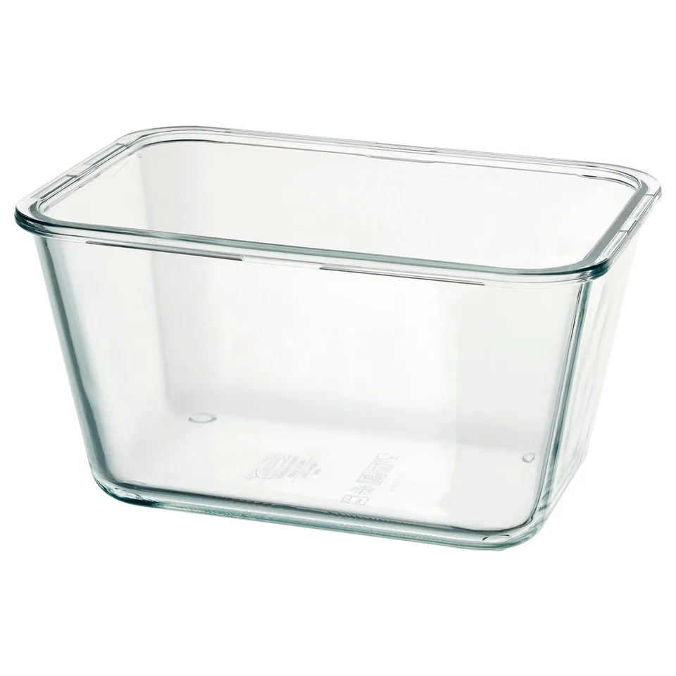 IKEA 365+ clear glass food container, rectangular, made of heat-resistant glass.