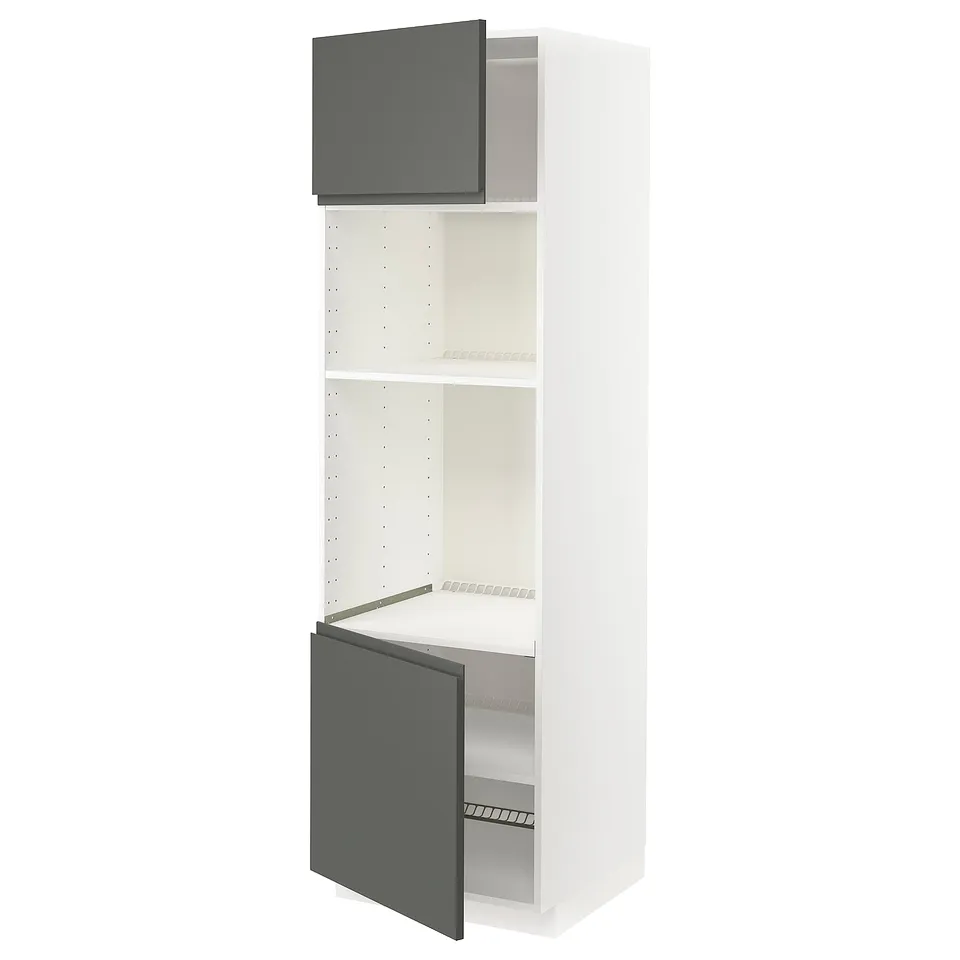 METOD kitchen unit with dark grey doors, white interior, and adjustable shelves.