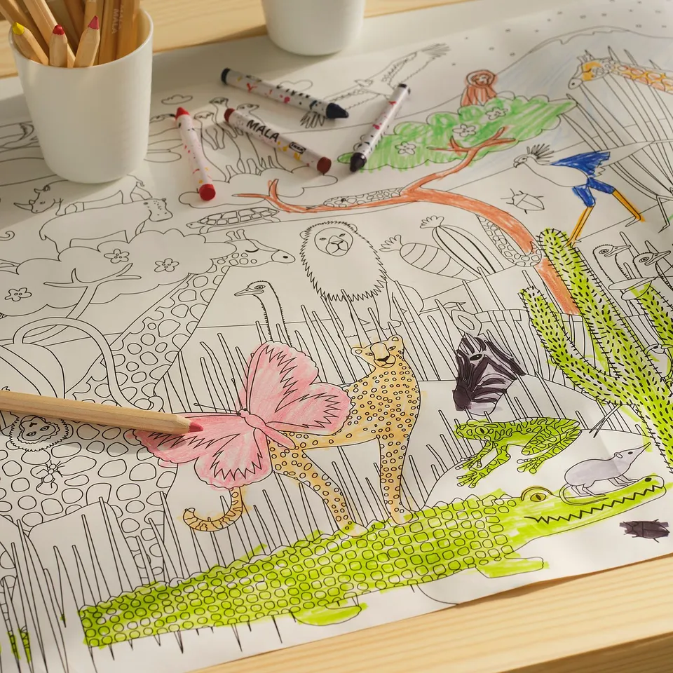 Colouring book featuring detailed wildlife outlines partially coloured, with coloured pencils scattered around.