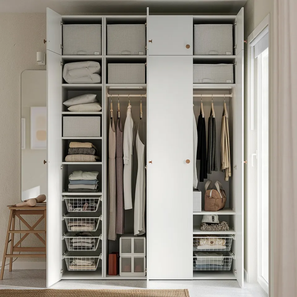 Open white wardrobe organised with STUK boxes, holding folded clothes, hangers, and accessories.
