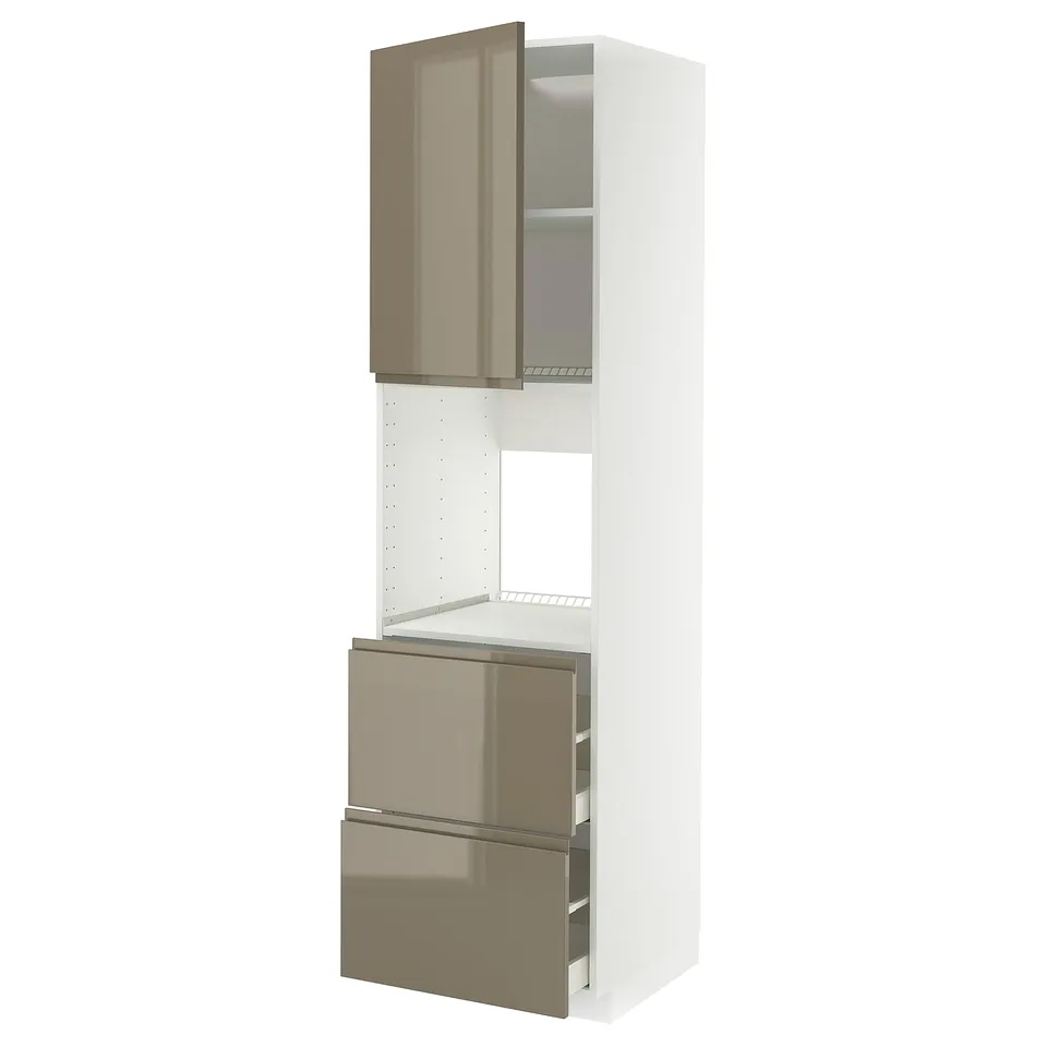Modern kitchen unit, beige, sleek & glossy, with drawers & shelves, stainless steel handles.