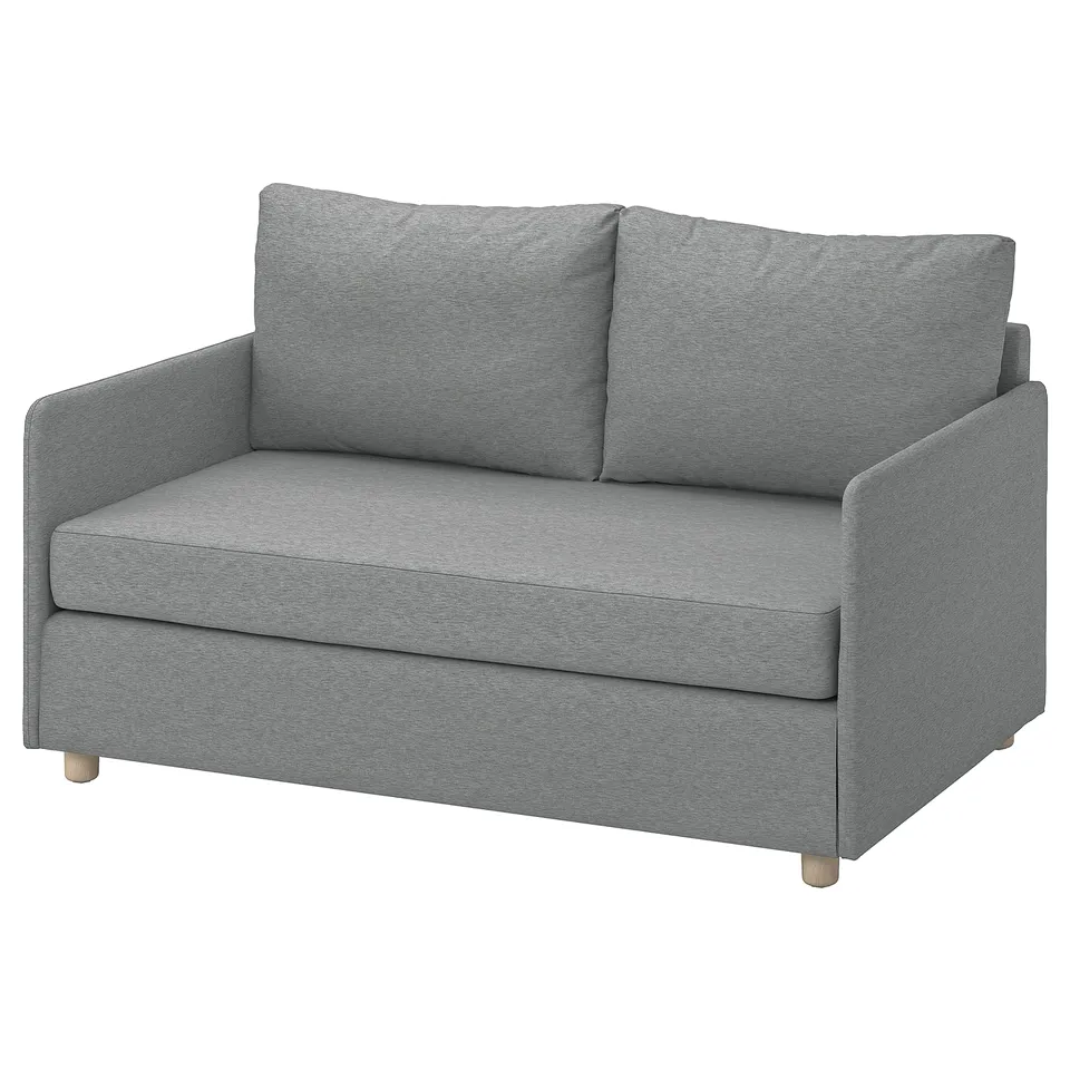 FRIDHULT grey sofa bed, modern, minimalist shape, light wooden legs.