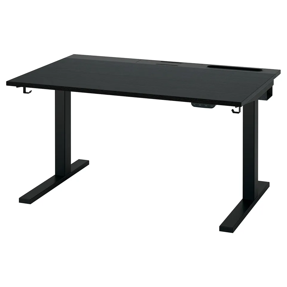 MITTZON black sit-stand desk: rectangle, metal legs, electric height adjustment, sleek design.