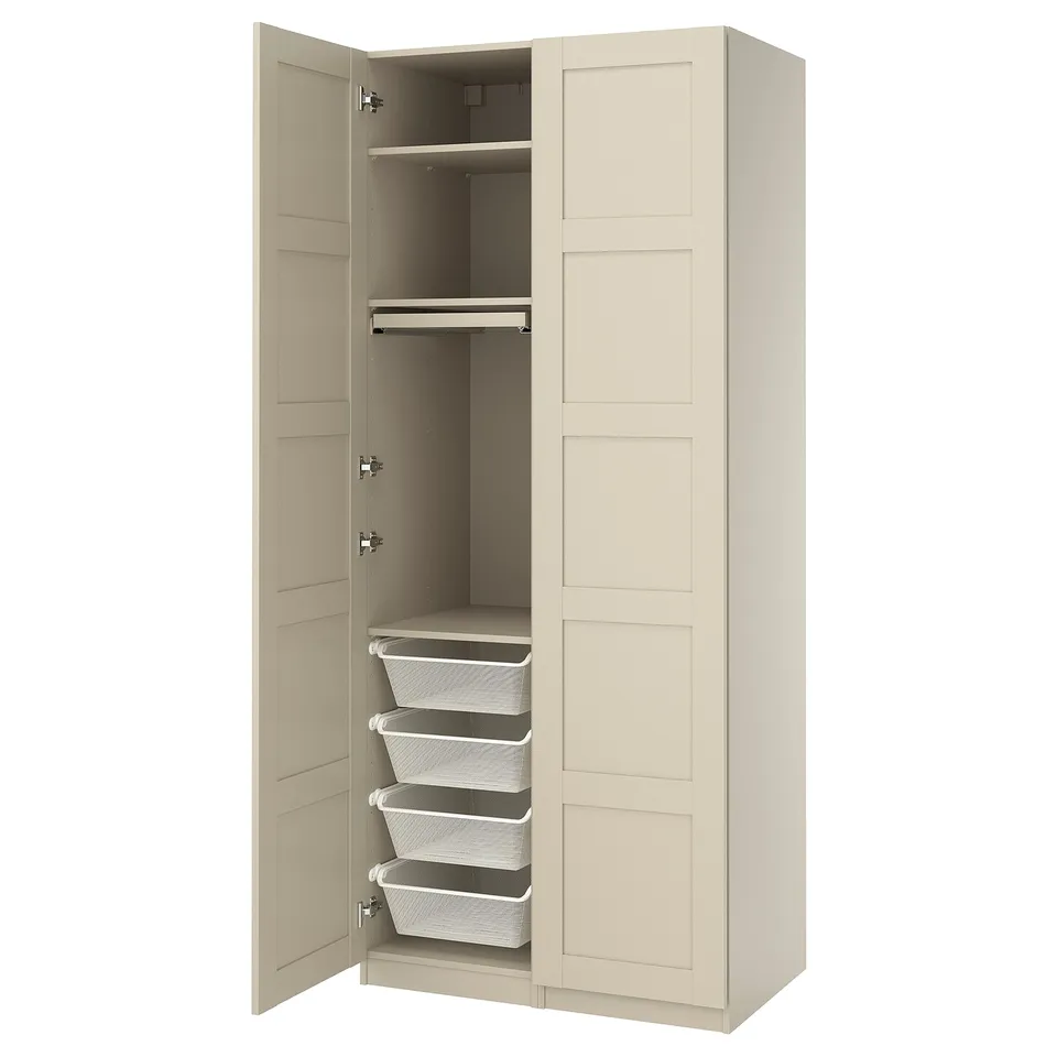 Beige PAX wardrobe with white wire baskets & hangers.
