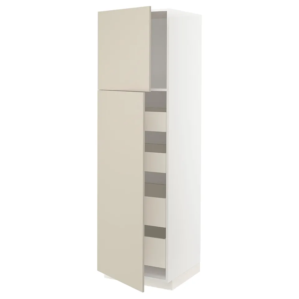 A white METOD kitchen cabinet with beige doors, featuring multiple shelves inside.