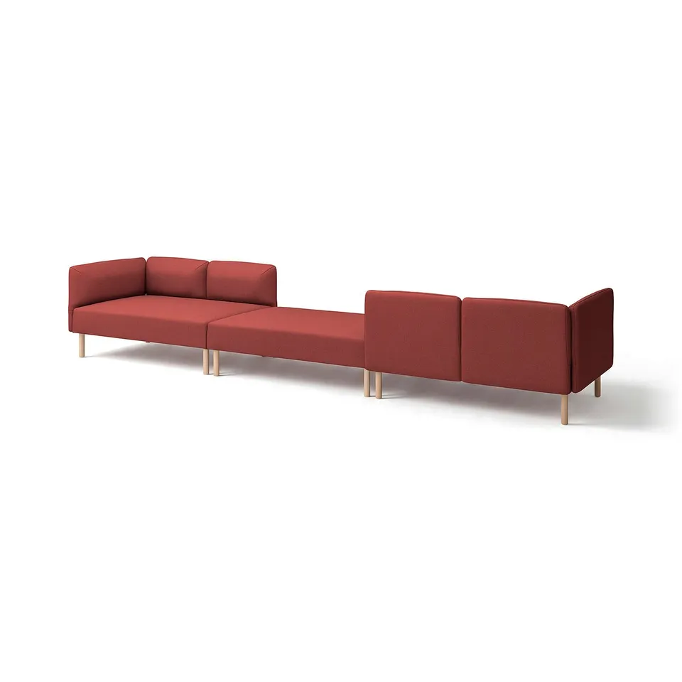 Red lillem modular sofa with wooden legs, modern design, machine-washable fabric.