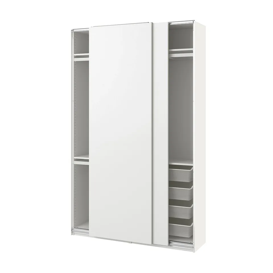 White PAX wardrobe with sliding doors and mesh basket. Modern, minimalist design for space-saving.