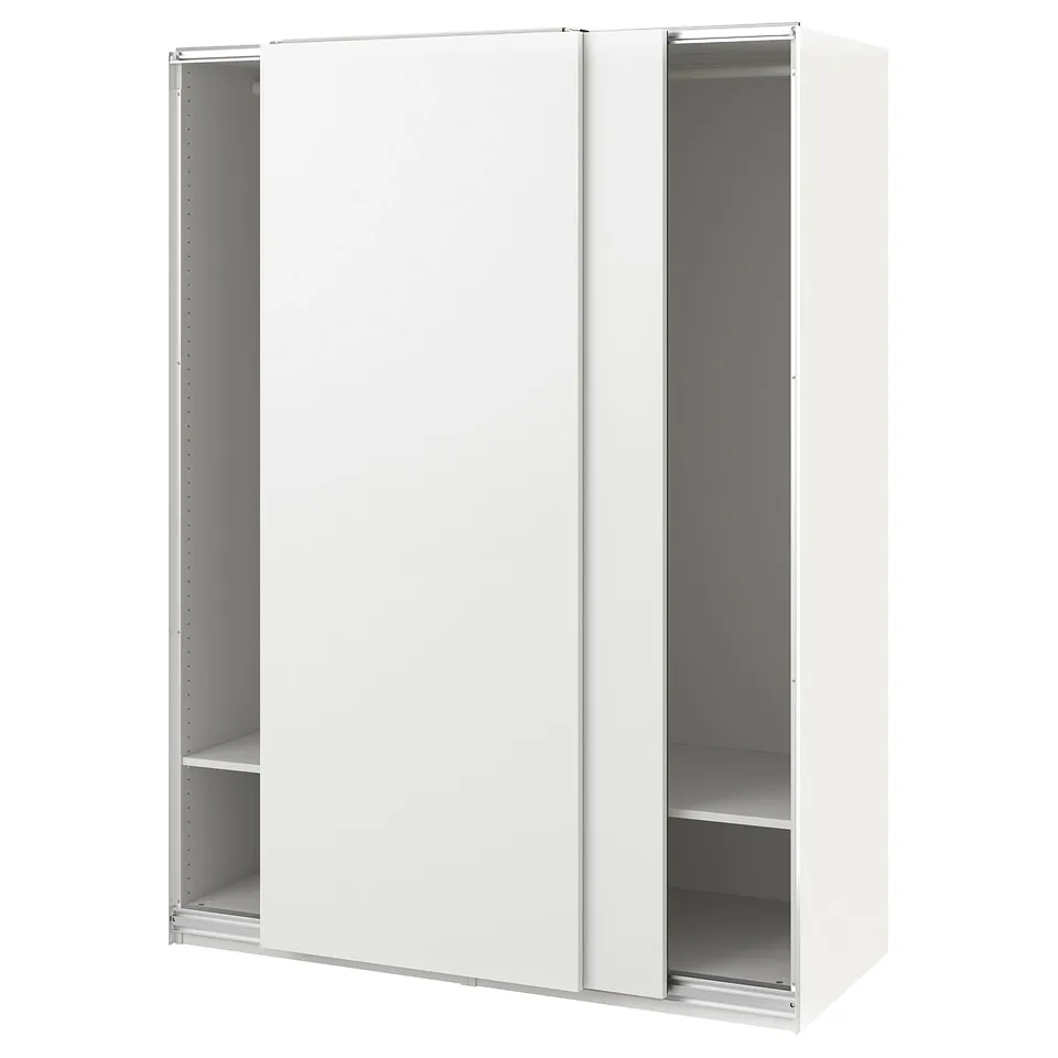 An ikea PAX wardrobe in white with sliding doors, modern and minimalist design.