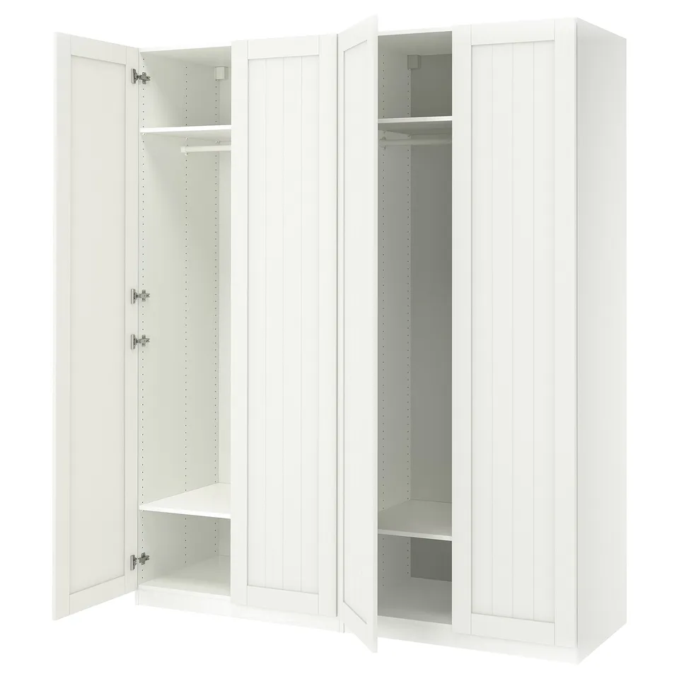 White PAX wardrobe. 2 doors open revealing shelves and rail. Minimalist, clean design.