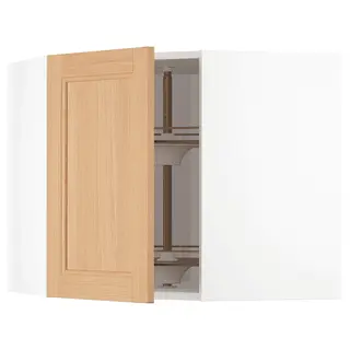 METOD corner wall cabinet with carousel, white/Vedhamn oak, 68x37x60 cm