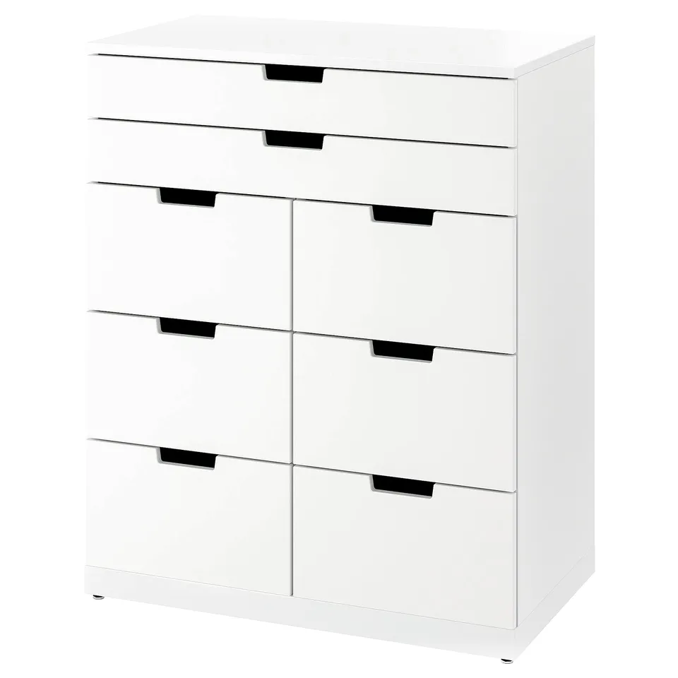 White NORDLI chest with 6 black-handled drawers.