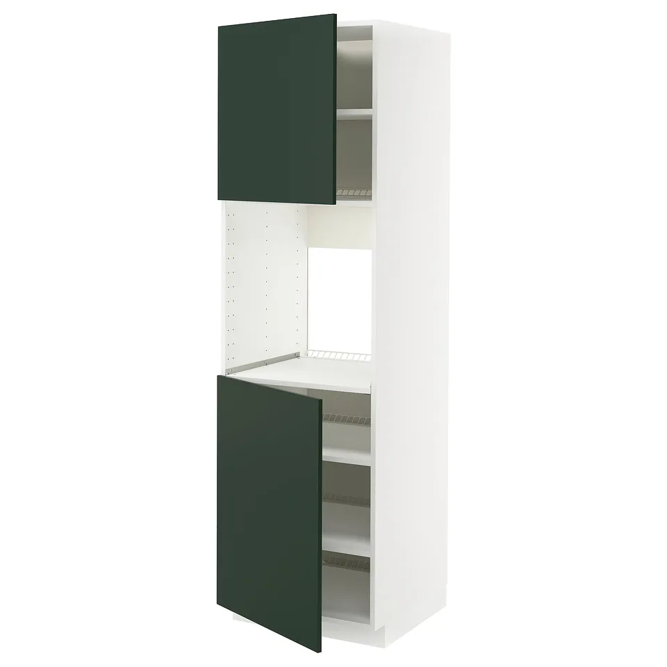 This image shows an ikea METOD kitchen unit with green havstorp doors. Its white with adjustable shelves, tall and rectangular.