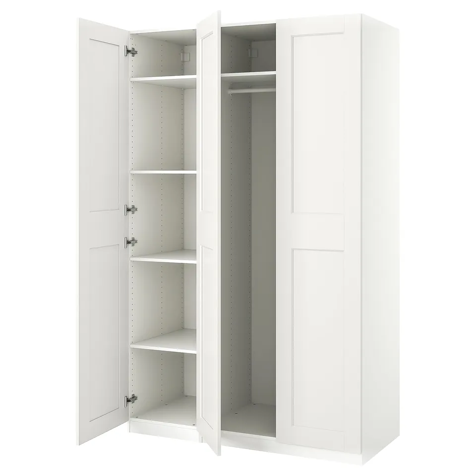 Open white PAX wardrobe. Two doors wide, empty, adjustable shelves.