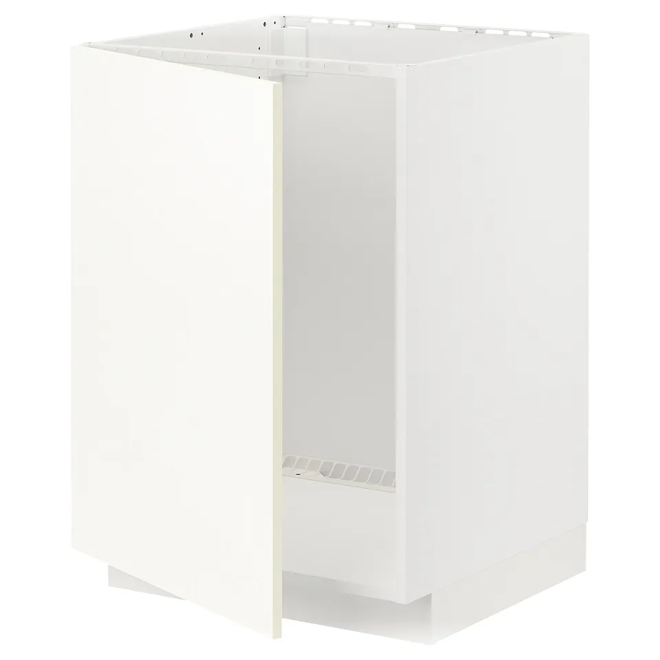 White METOD kitchen storage unit, square, wooden frame with metal hinges.
