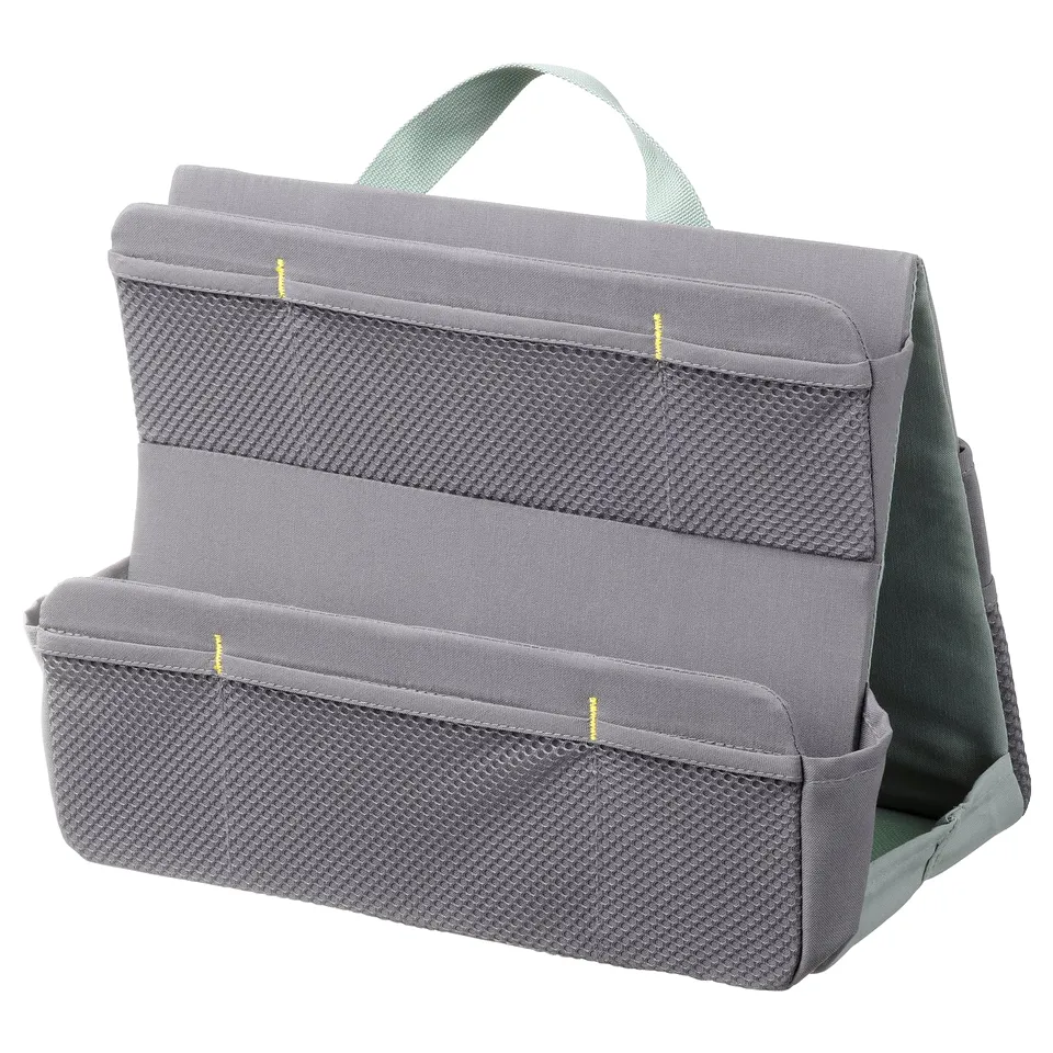 Grey portable organiser bag with mesh pockets, handle, rectangular shape, ideal for school supplies.
