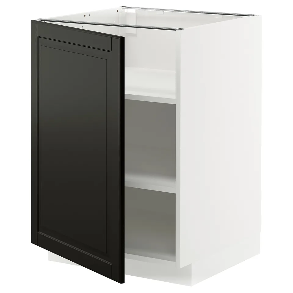 A white METOD kitchen cabinet with a black door featuring bevelled edges and two adjustable shelves.