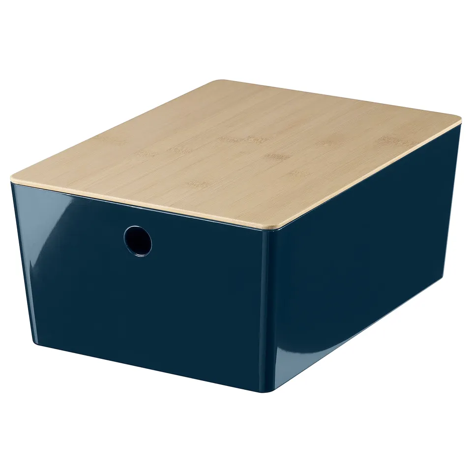A KUGGIS box, blue with a bamboo lid, glossy finish, suitable for storage.
