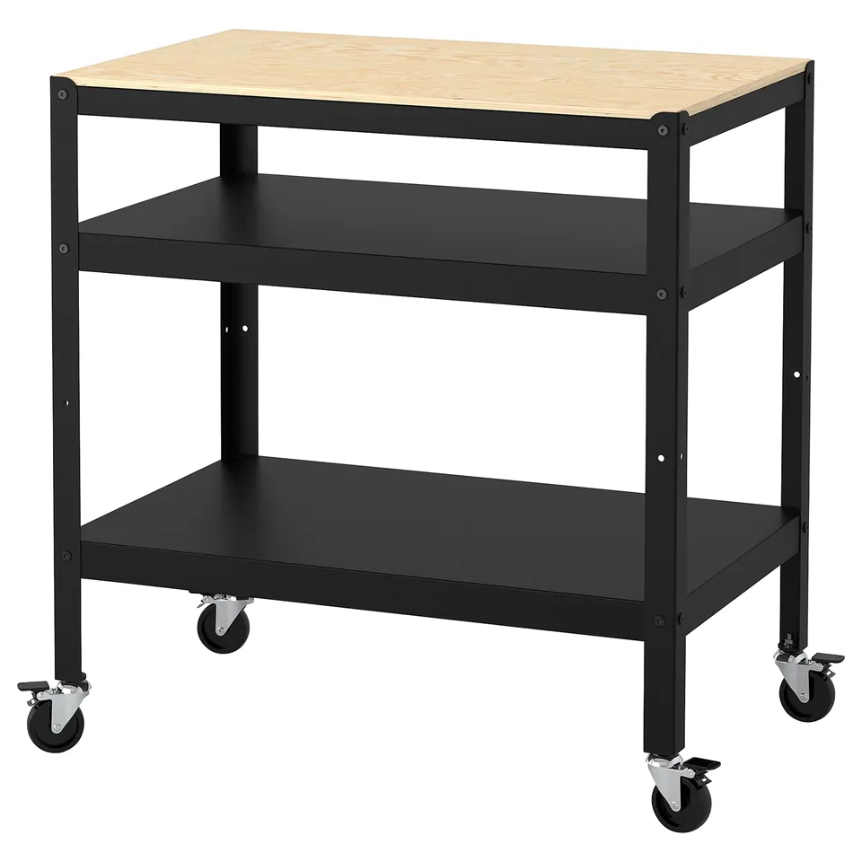 BROR trolley: black metal and wooden top, four wheels, two shelves, sleek design.