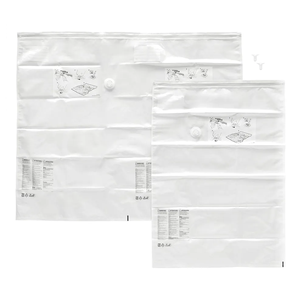 Two large clear plastic bags with zippers, instructions, and recycling logos. Ideal for vacuum sealing.