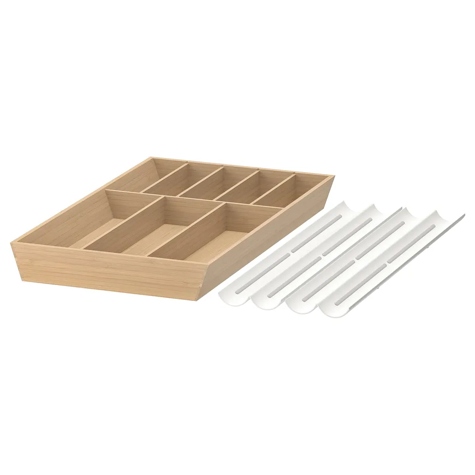 Wooden kitchen organiser with four compartments and adjustable dividers, light brown colour.