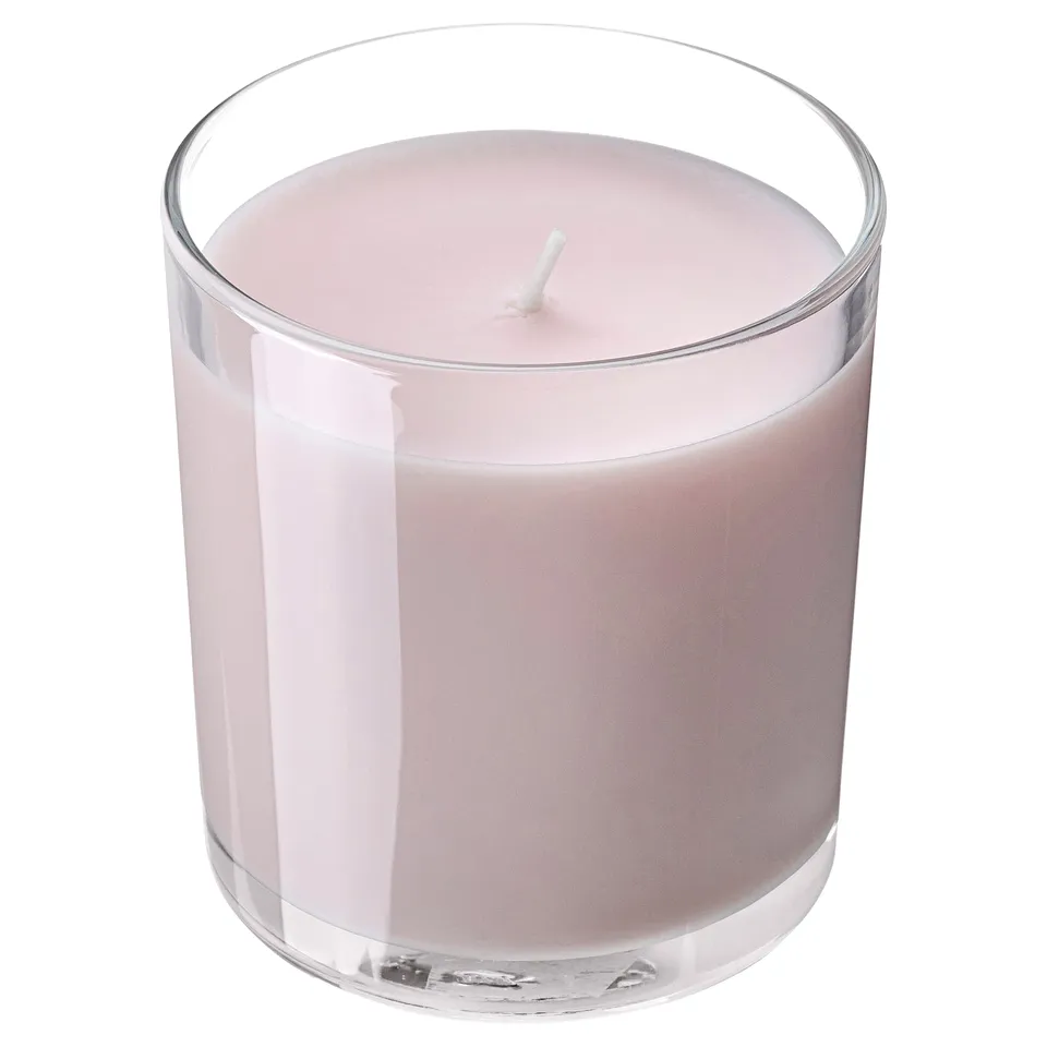 LOTSFÅGEL Scented candle in glass, Pink flowers pale pink, 40 hr