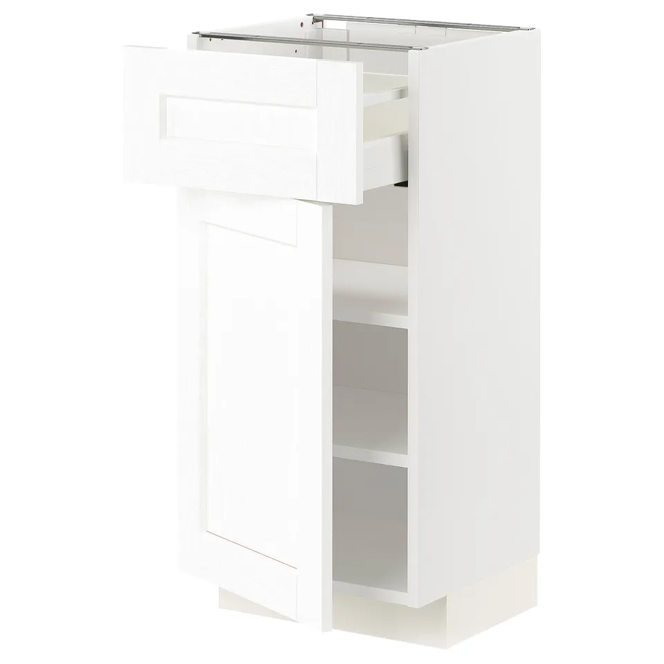 White METOD kitchen cabinet with adjustable shelves and pull-out drawer.