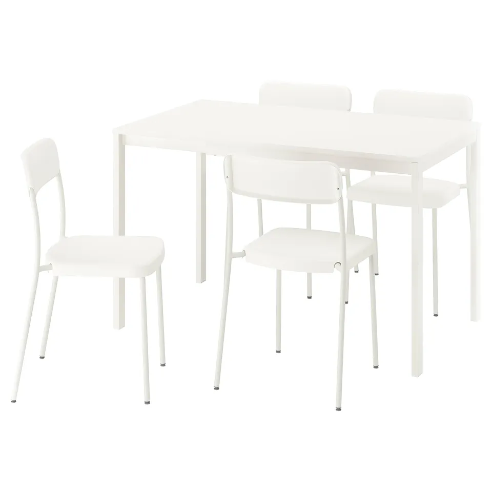 White VIHALS dining set with square table and four matching chairs.
