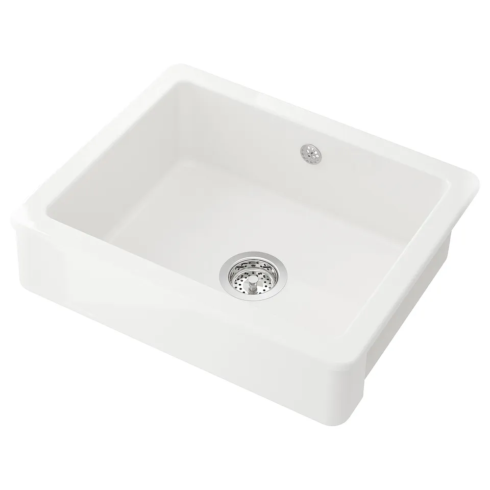 HAVSEN white ceramic sink, rectangular, single bowl with visible front, drain, and chrome strainer.