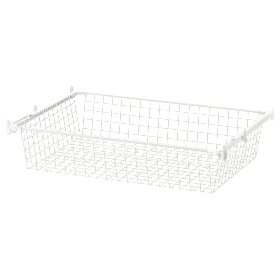 White HJÄLPA storage basket, mesh, on pull-out rail.