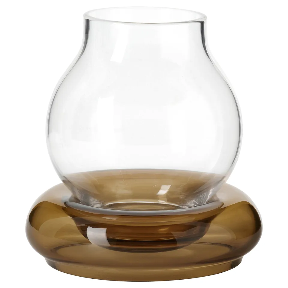 Mmjänge tealight holder, clear glass top, brown base, round shape, swedish folk art design.