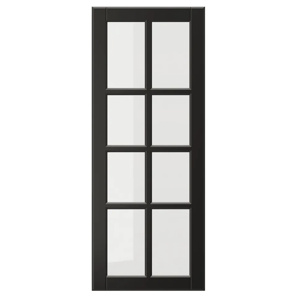Black BODBYN fiberboard glass door with bevelled frames and tempered glass panels, elegant and sophisticated design.