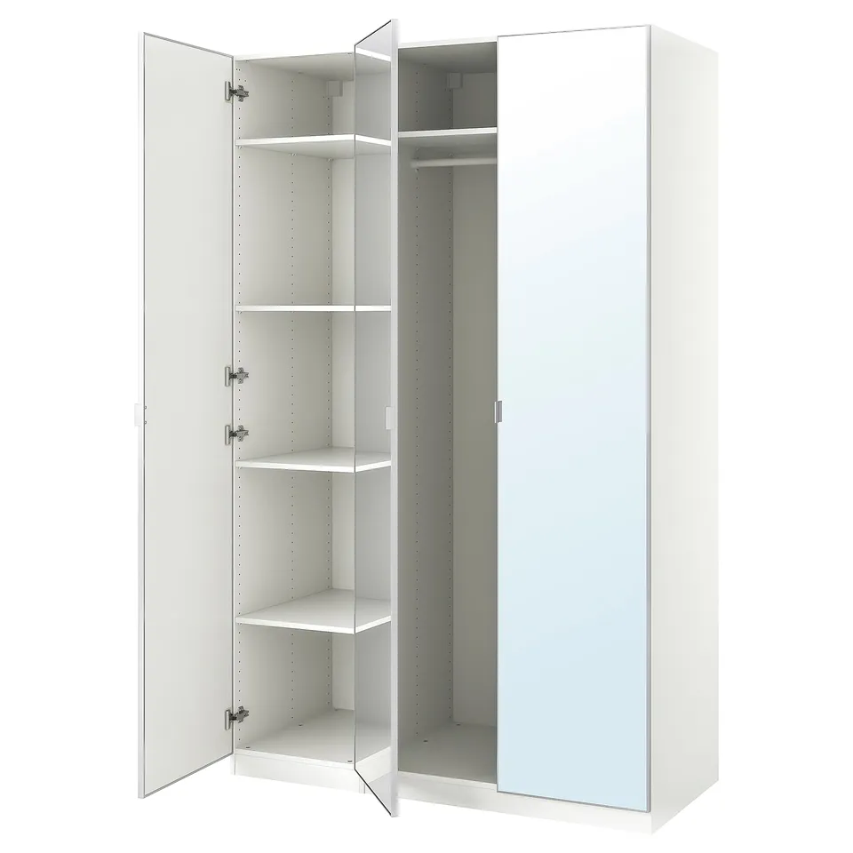 A white IKEA PAX wardrobe with mirrored doors and an empty interior.
