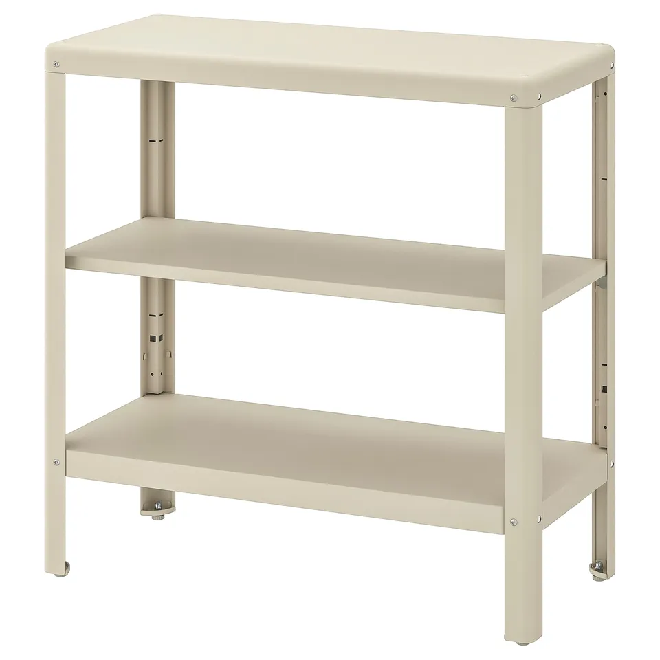 A KOLBJÖRN beige metal shelving unit with three tiers, suitable for indoor and outdoor use, made of galvanised steel.