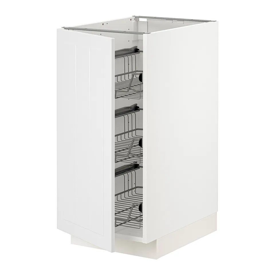 A white METOD kitchen cabinet with pull-out wire baskets for storage.
