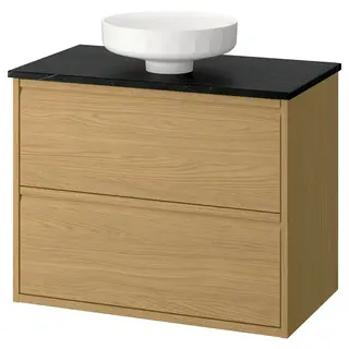 ÄNGSJÖN / LERSJÖN wash-stnd w drawers/wash-basin, oak effect/black marble effect, 82x49x79 cm
