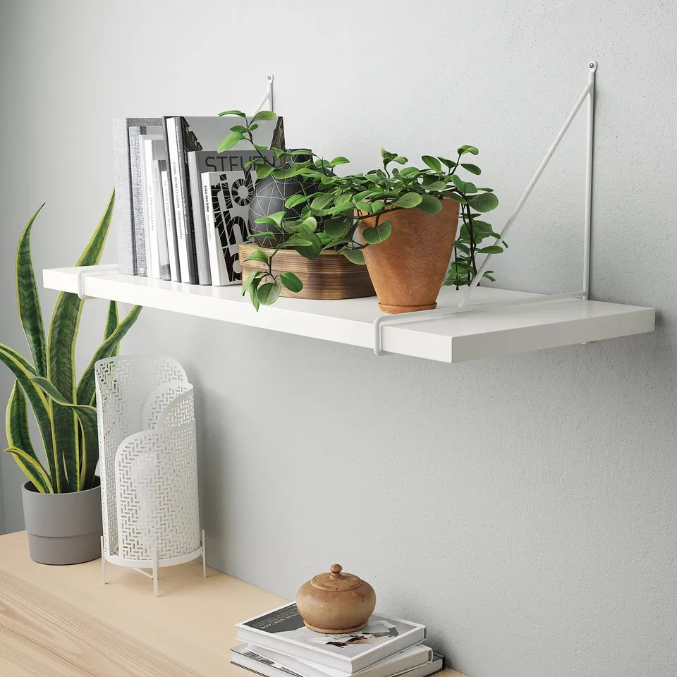 Wall-mounted white shelf with books, plants, and decor items. Supports up to 10 kg, suitable for bedroom, living room, or dining room.