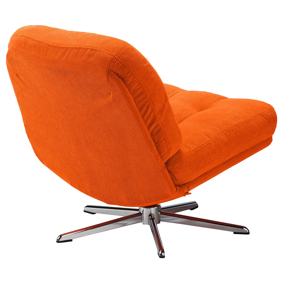 Bright orange swivel chair with five-legged chrome base, part of IKEAs nytillverkad collection, designed for comfort.