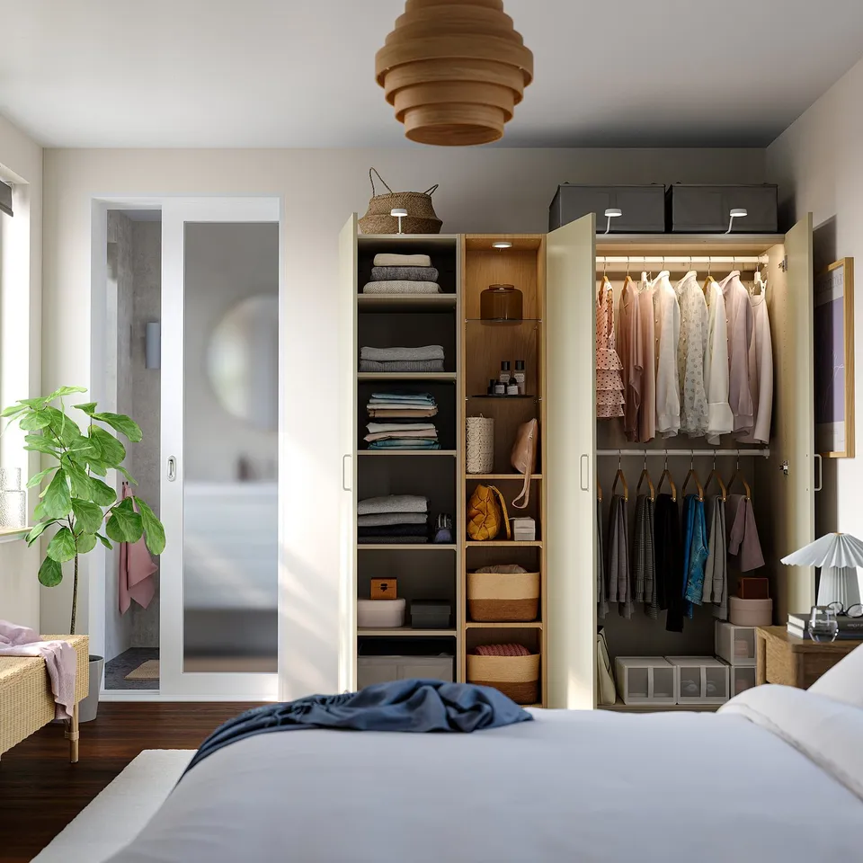 PAX / FORSAND Wardrobe combination, grey-beige grey-beige/oak effect, 185x60x201 cm