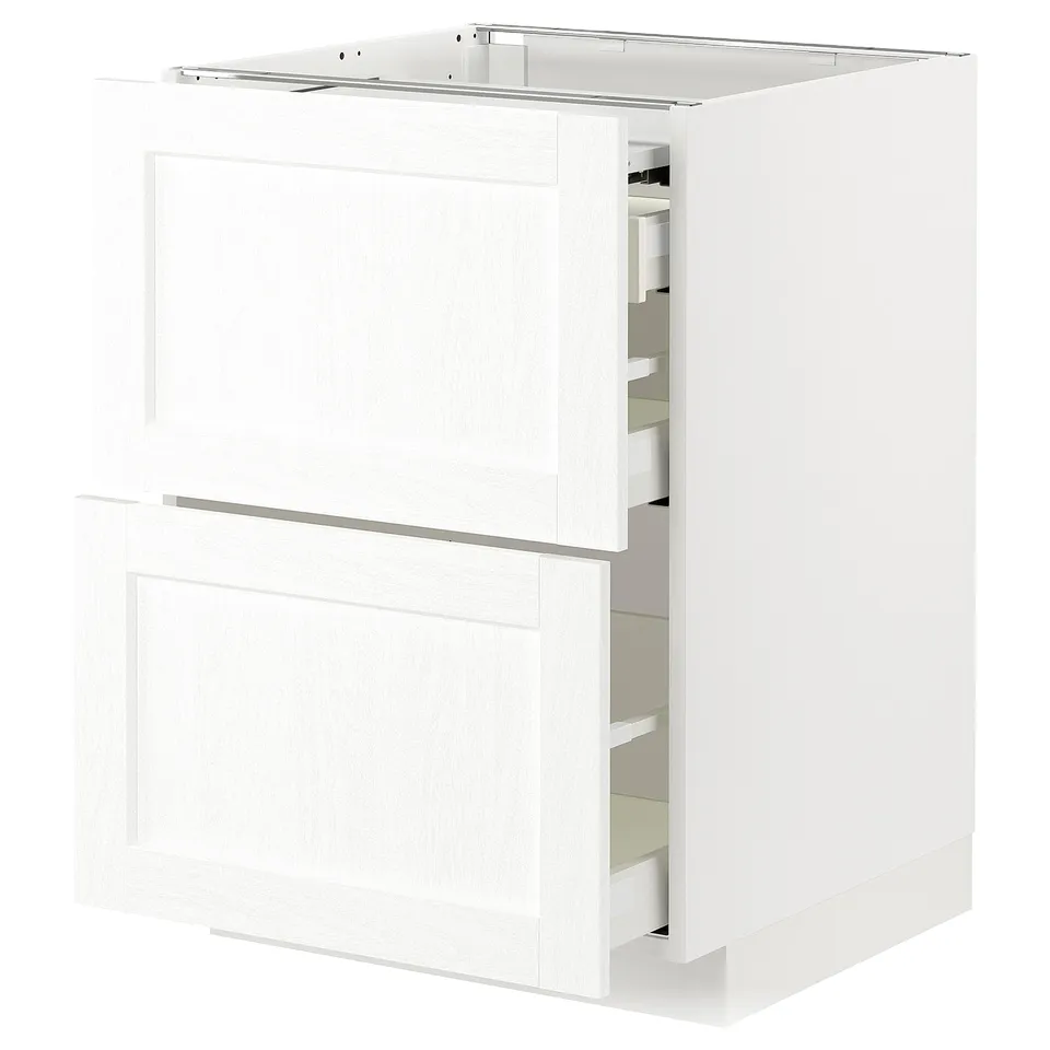 A white ikea METOD kitchen cabinet with a classic wood grain design. It has two drawers and a door, and is set against a white background.