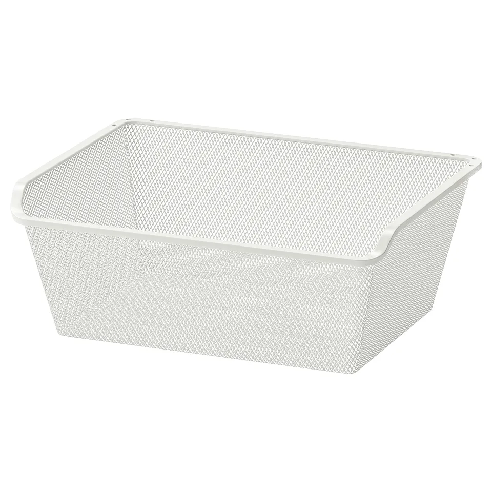 A white KOMPLEMENT mesh storage basket. Its rectangular, made of steel with a powder coating, and has a see-through mesh design.