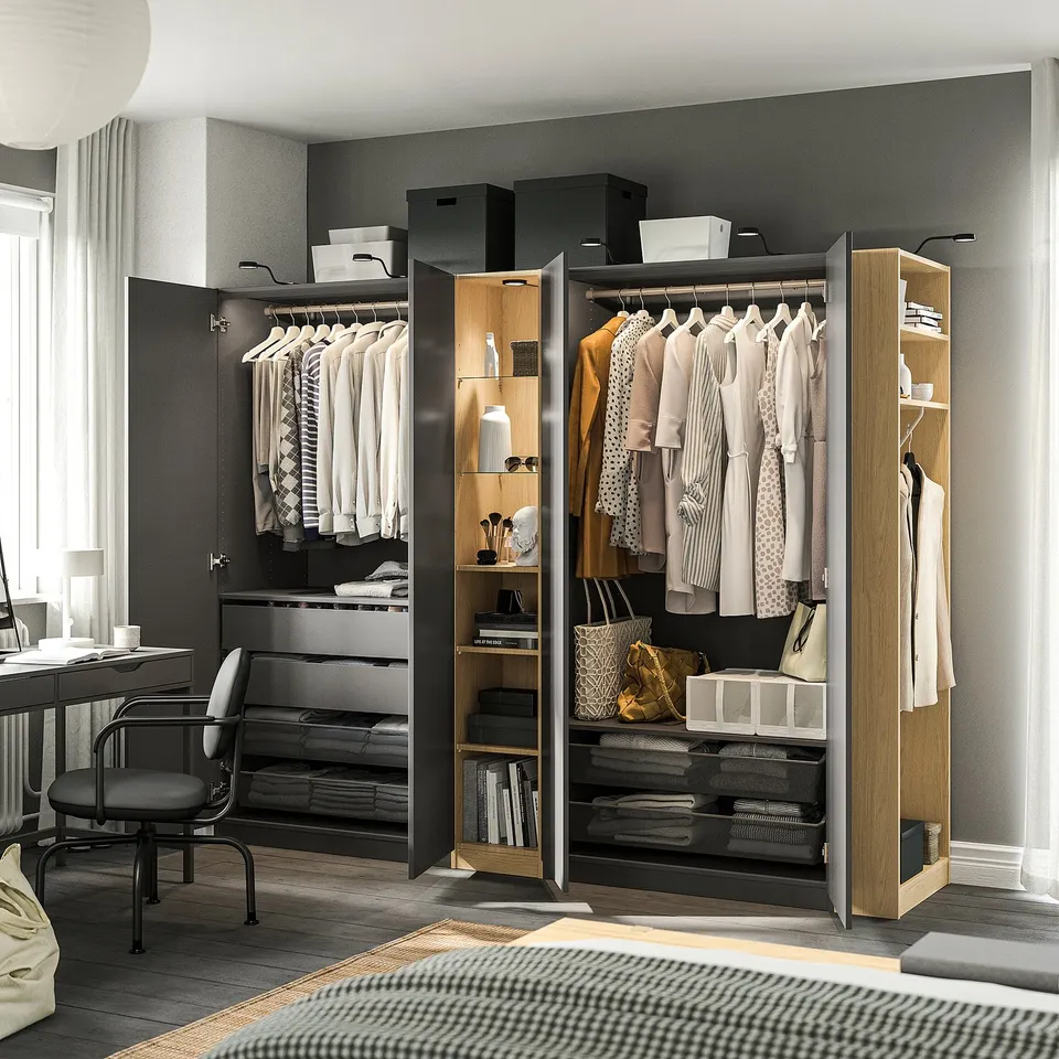 PAX / FORSAND Wardrobe combination, dark grey dark grey/oak effect, 255x60x201 cm