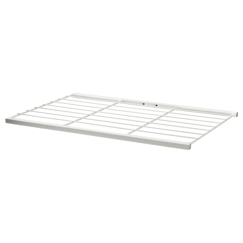 A white JOSTEIN wire shelf with powder-coated steel, rectangular design, versatile for indoor/outdoor storage.