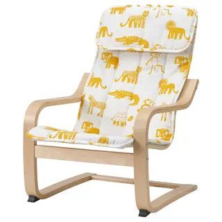 POÄNG children's armchair, birch veneer/Skogbo animal pattern, Width 47 x Depth 56 x Height 68 cm