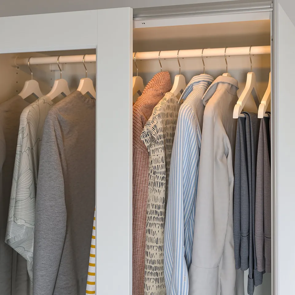 Closet with led lights illuminating clothes hangers.